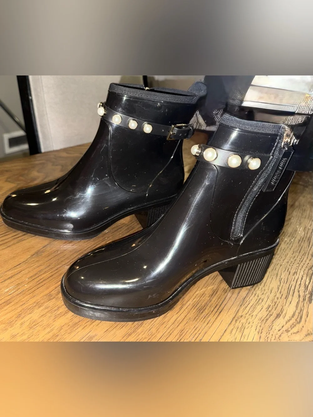 Kate Spade New York Black Puddle Pearls Rain Booties